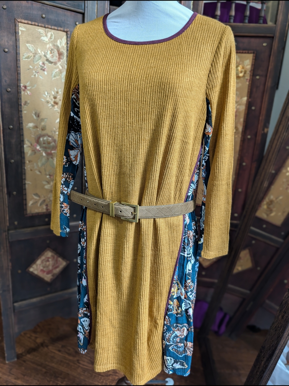 THML Mustard Ribbed Midi Dress with Teal Floral Side Panels